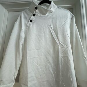 White Button-Neck Long Sleeve Top